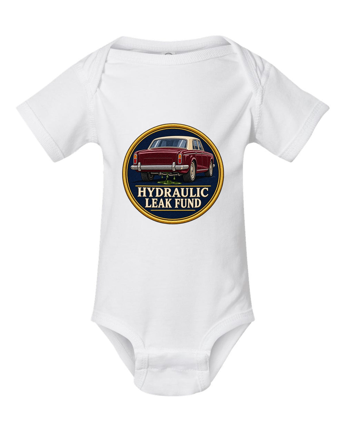 Art Deco line drawing print of a 1952 Bentley R-Type Continental with leak fund lettering white baby onesie front view with the design