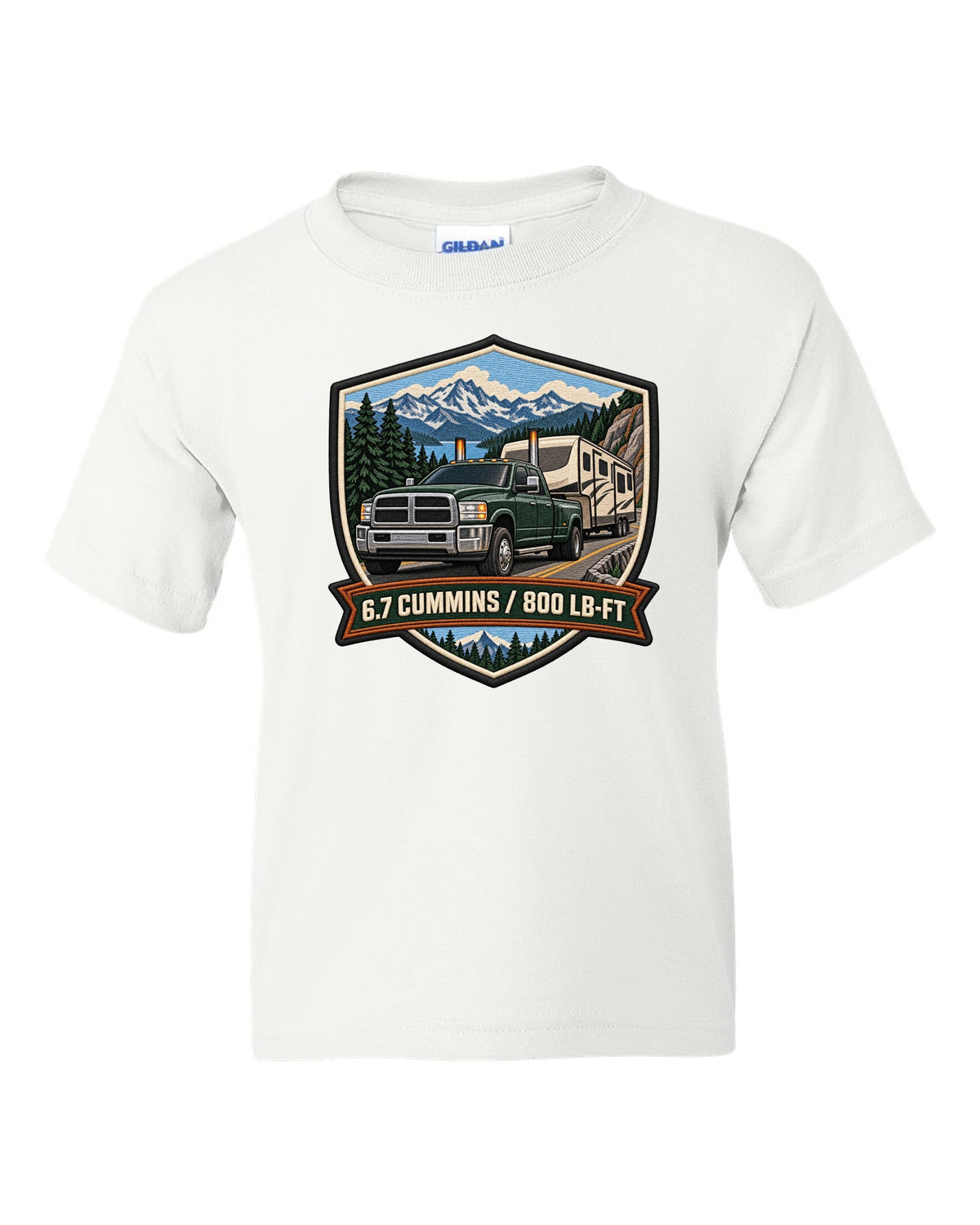 Varsity crest of a 2010-2018 Ram 2500 4th gen towing a camper with 6.7 Cummins 800 LB-FT lettering white kids tee front view with the design