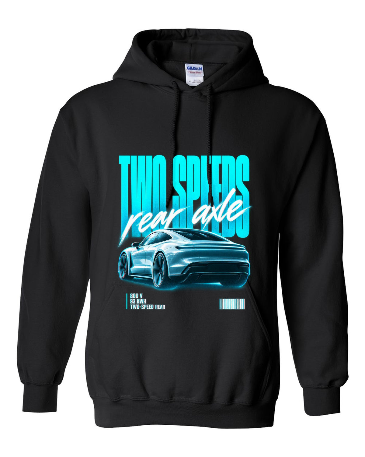 Audi e-tron GT 2021 rear three-quarter street poster with two speeds text black pull over hoodie front view with the design