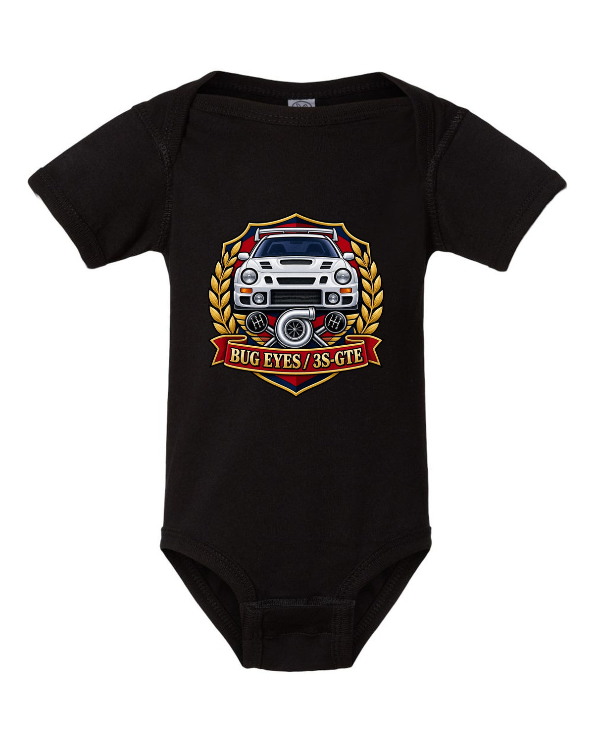 Rally crest of a Toyota Celica GT-Four ST205 with Bug Eyes and 3S-GTE lettering black baby onesie front view with the design