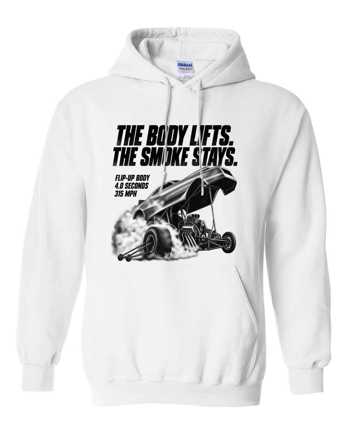 Funny Car flip-up body halftone print with 4.0 seconds and 315 mph text white pull over hoodie front view with the design