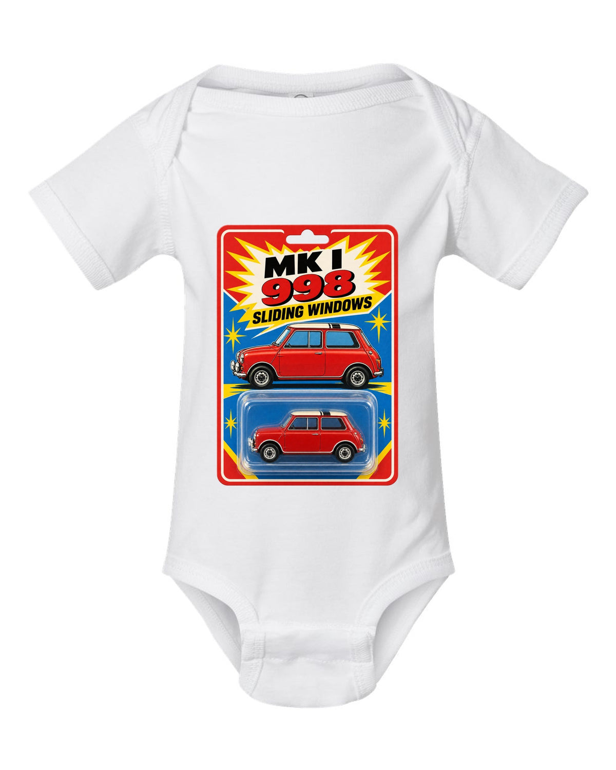 1967 Mini Cooper Mk I on a toy blister card with 998 and sliding windows text white baby onesie front view with the design