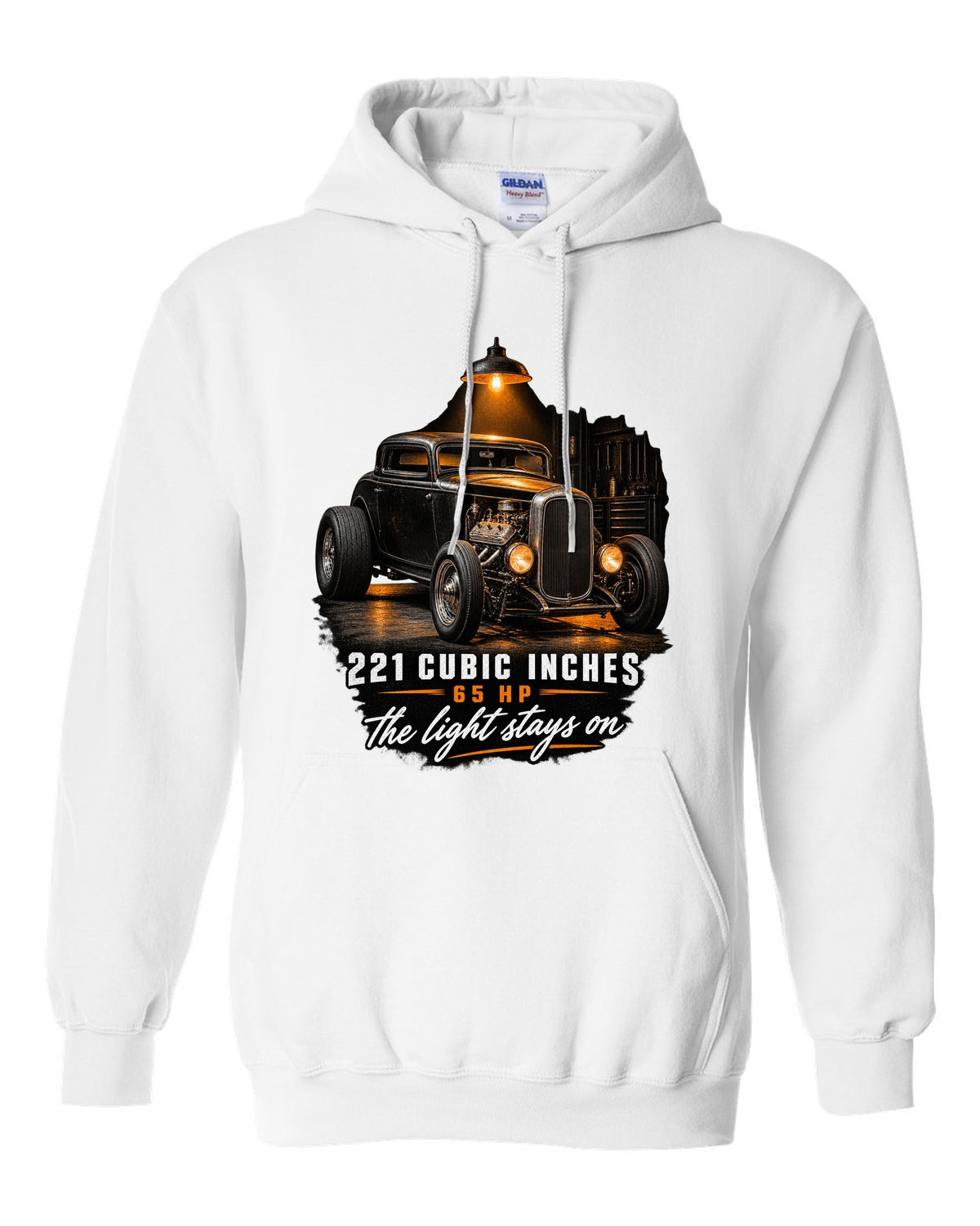 Garage night print of a 1932 Ford Deuce three-window coupe with flathead V8 specs white pull over hoodie front view with the design