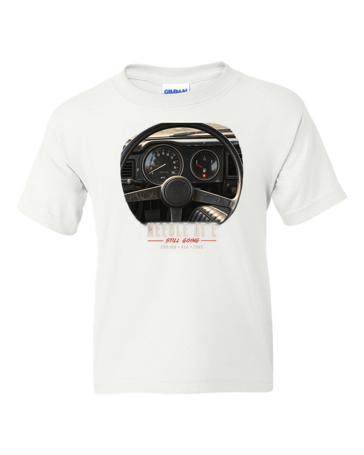 Gauge cockpit print for the Jeep CJ-7, Needle At E Still Going white kids tee front view with the design