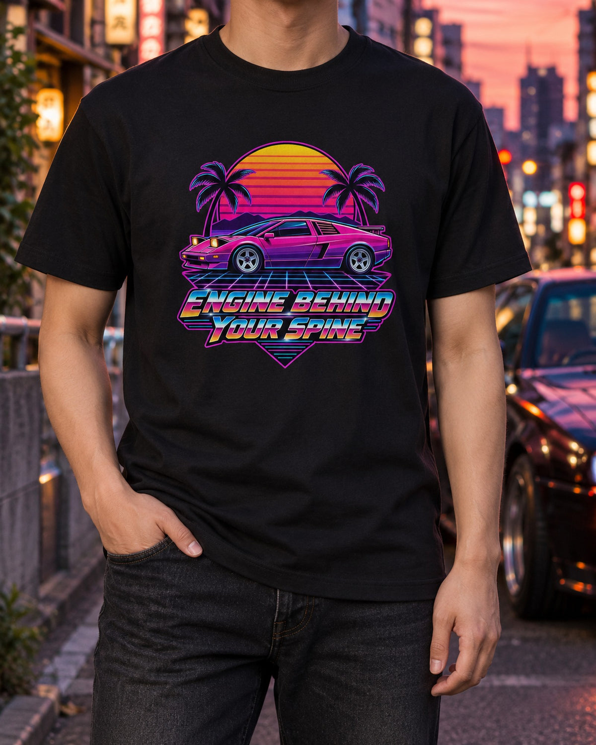 Toyota MR2 AW11 Synthwave Sunset Grid Shirt, Mk1 MR2 T-Shirt Black worn hero