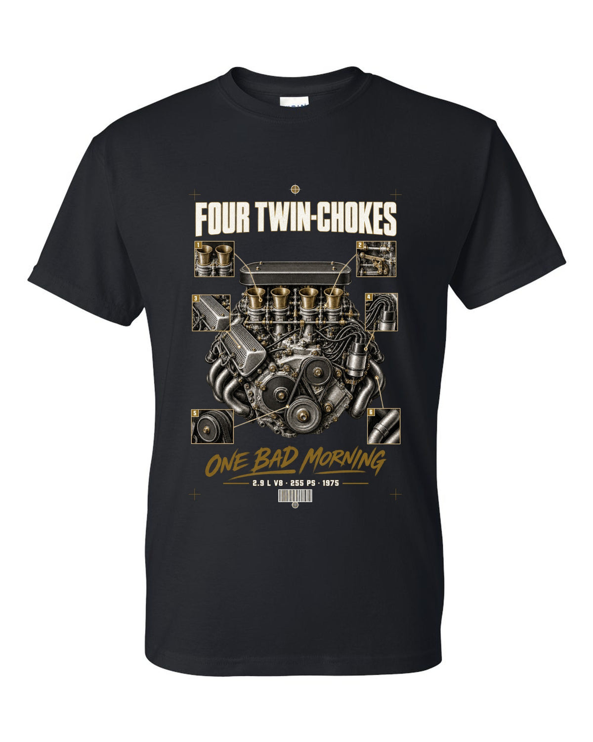 Ferrari 308 GTB 1975 engine print, four twin-choke carbs, 2.9 L V8, 255 PS black t-shirt front view with the design