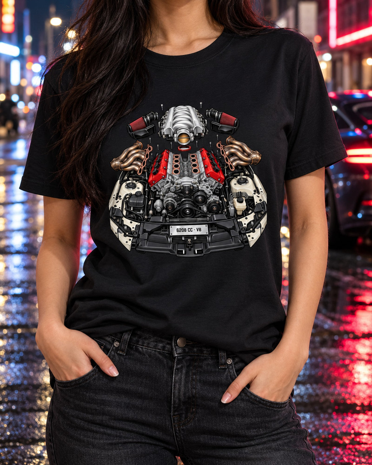 Mercedes M156 6.2 V8 Exploded Engine Diagram Tee, 6208 CC T-Shirt Black worn hero