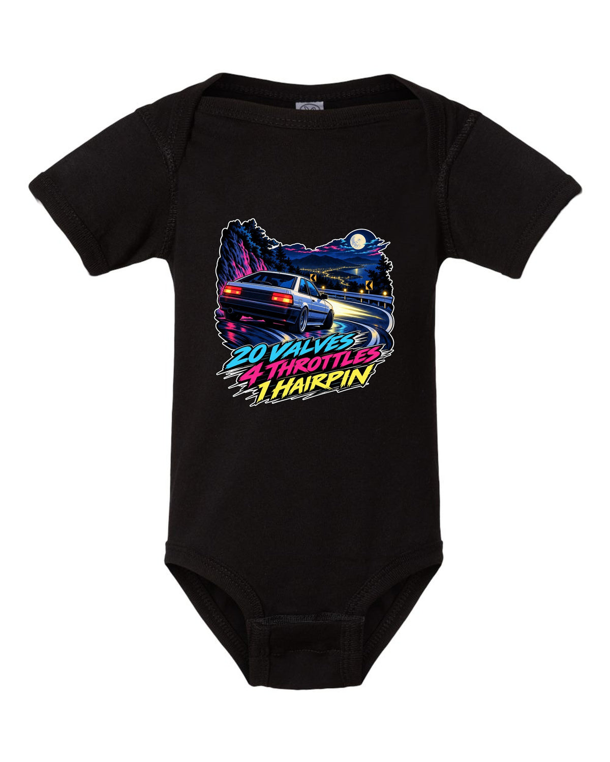 Cel-shaded 90s anime night touge scene of a Toyota Corolla AE101 with valves and throttles lettering black baby onesie front view with the design