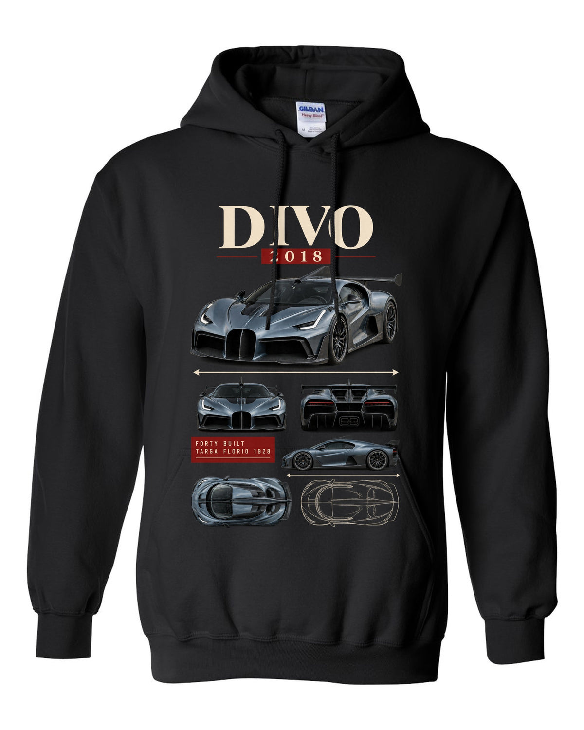 Archive panel design of the Bugatti Divo 2018 with Targa Florio 1928 text, print black pull over hoodie front view with the design
