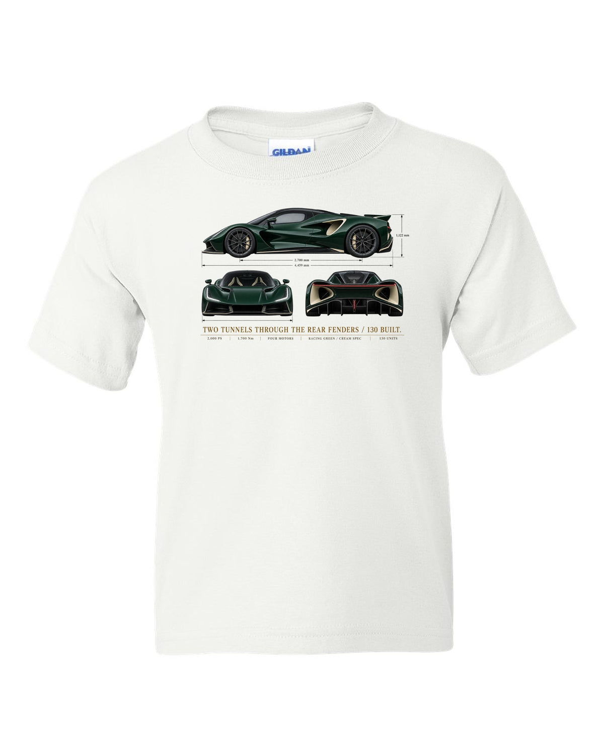 Lotus Evija three-view spec sheet print with two tunnels through the rear fenders and 130 built text white kids tee front view with the design