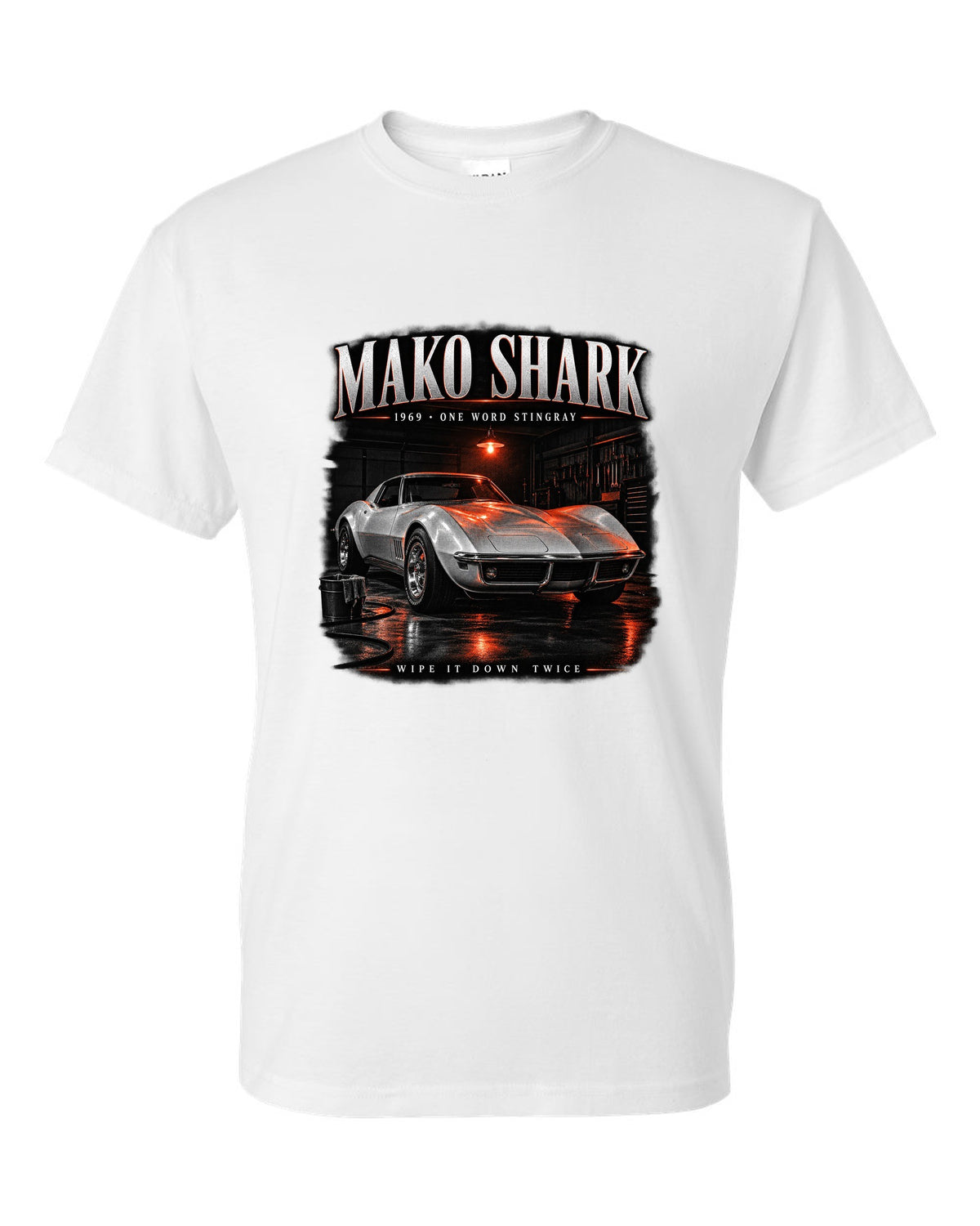 Chevrolet Corvette C3 Stingray 1969 coupe garage night print Mako Shark white t-shirt front view with the design