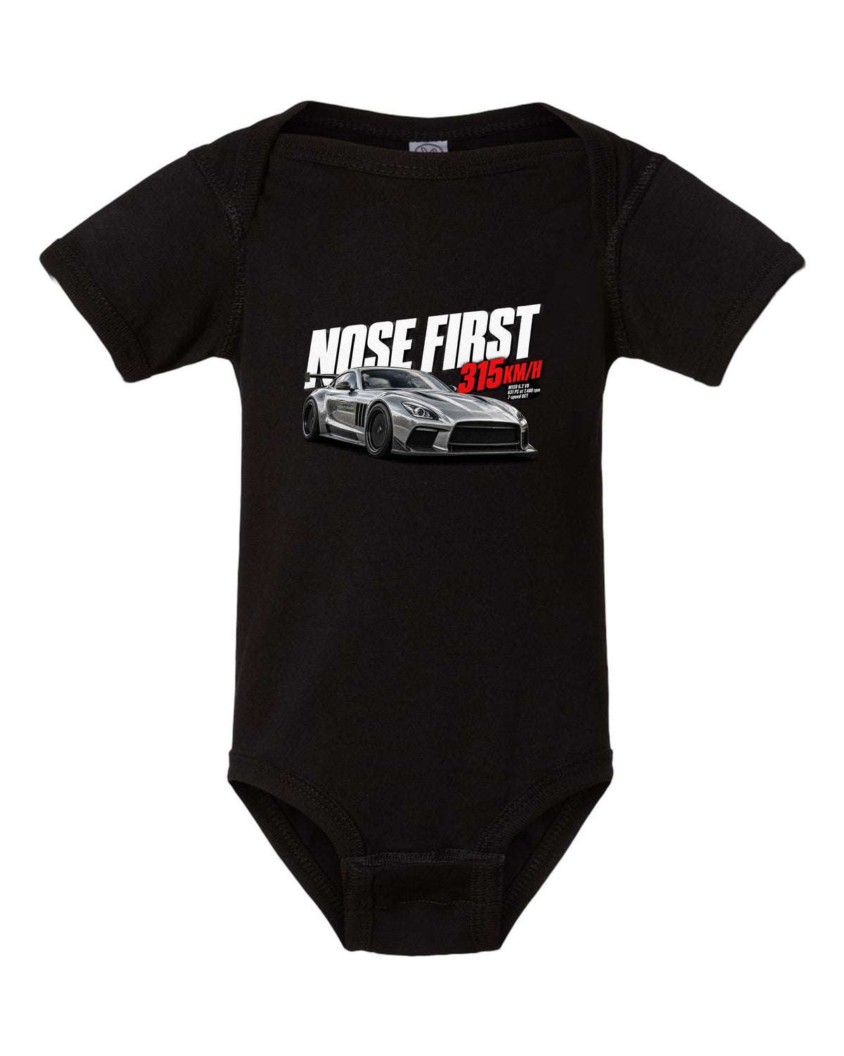 Halftone print of a Mercedes SLS AMG Black Series C197 with Nose First 315 km/h lettering black baby onesie front view with the design