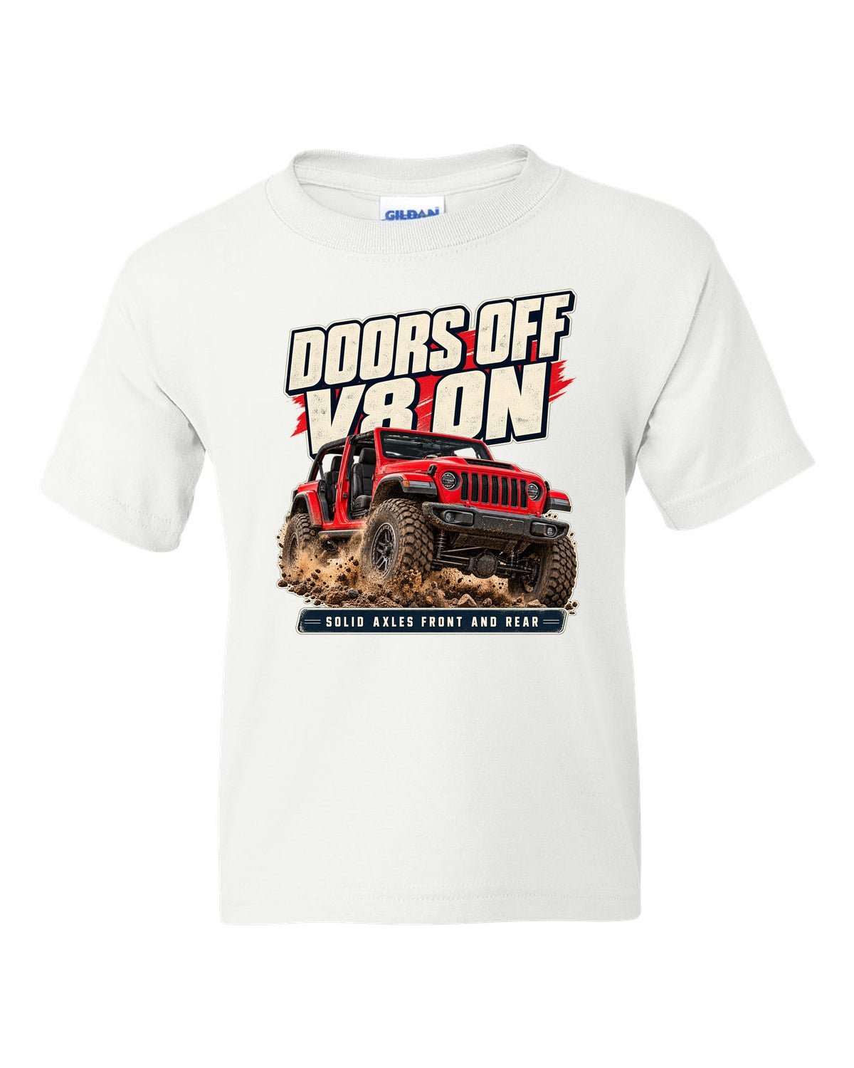 Editorial headline print for the Jeep Rubicon 392 about doors off and a V8 white kids tee front view with the design