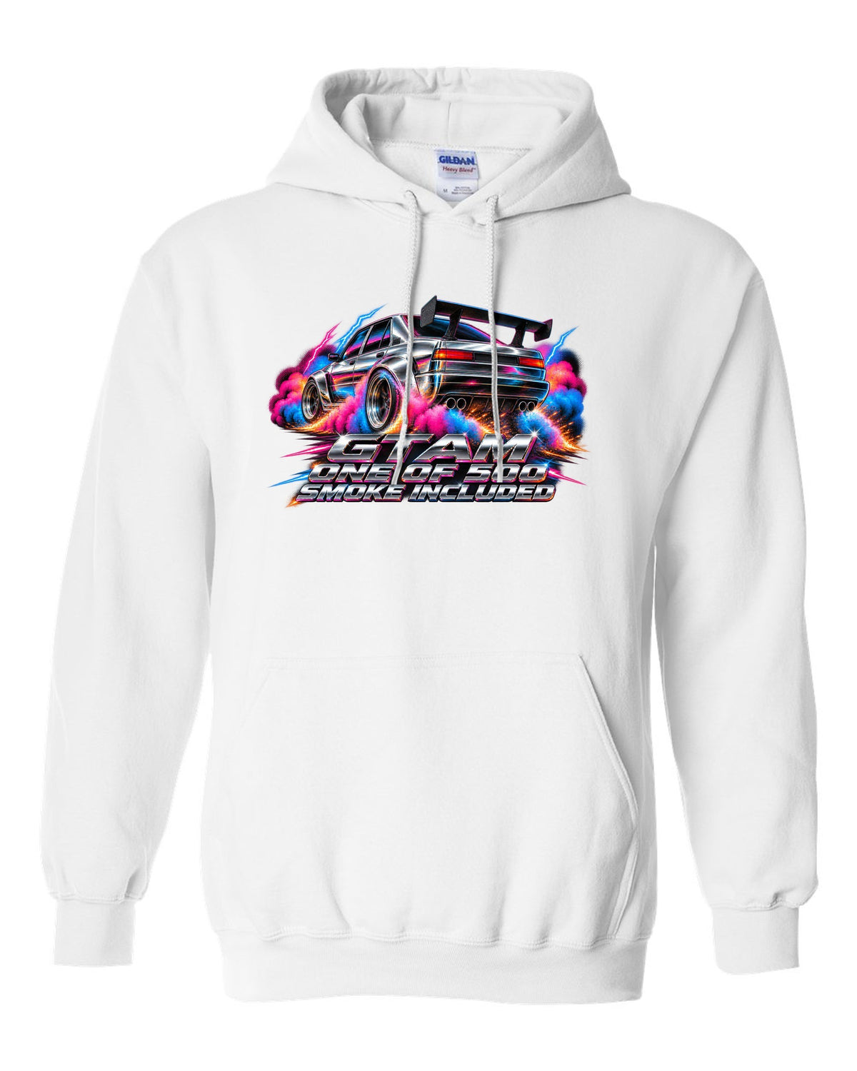 80s airbrush chrome style Alfa Romeo Giulia GTAm with one of 500 smoke included text white pull over hoodie front view with the design