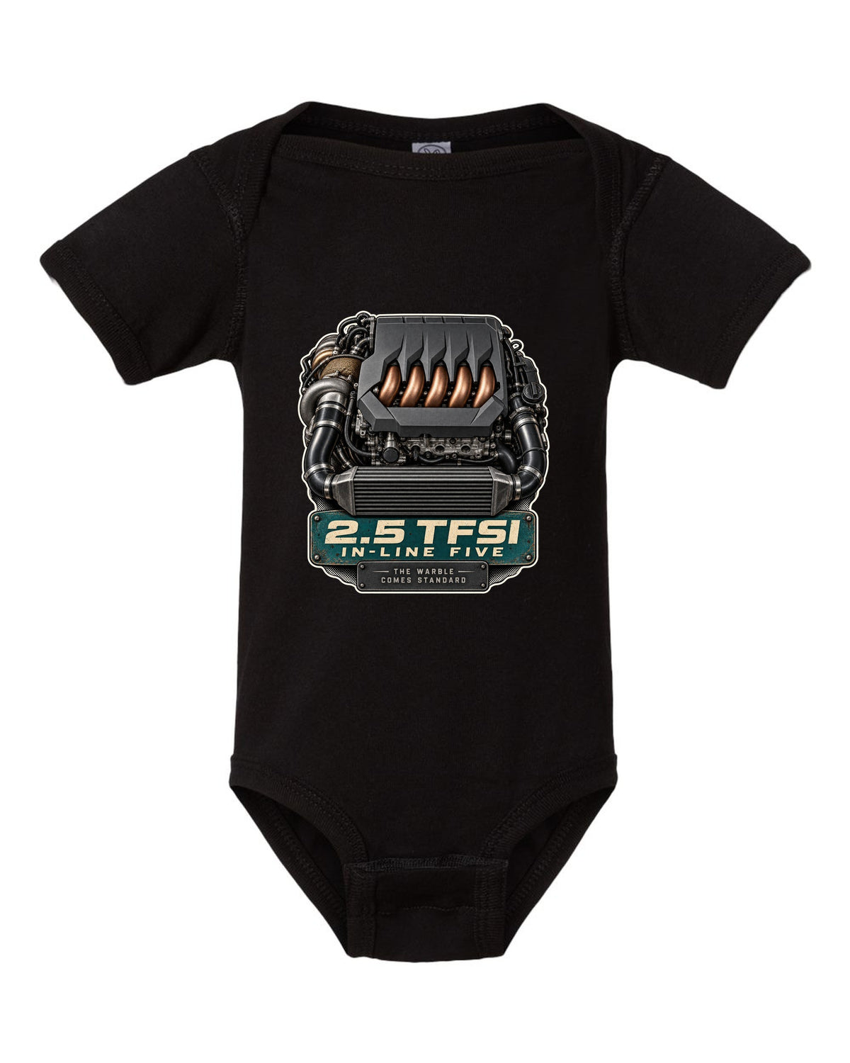 Engine bay print of the Audi RS3 8Y 2.5 TFSI in-line five black baby onesie front view with the design