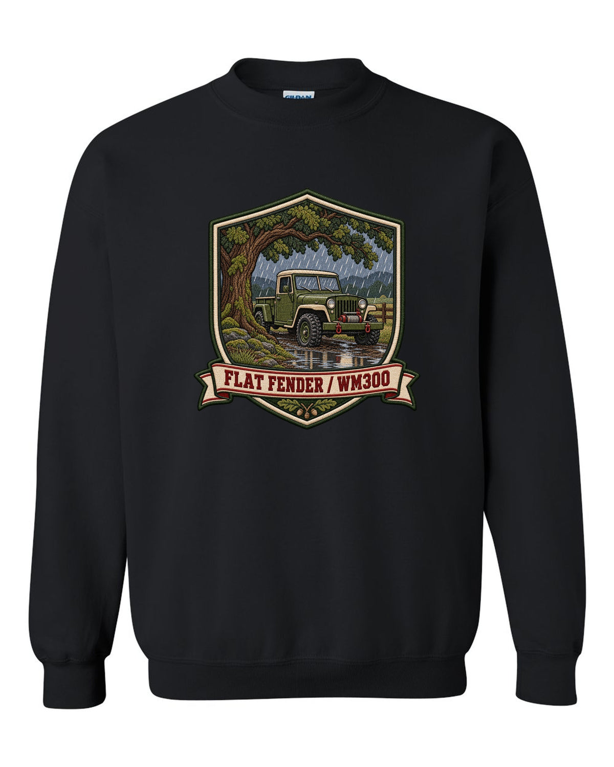 Varsity-style embroidered crest print of a Dodge Power Wagon WM300 flat fender black crewneck front view with the design