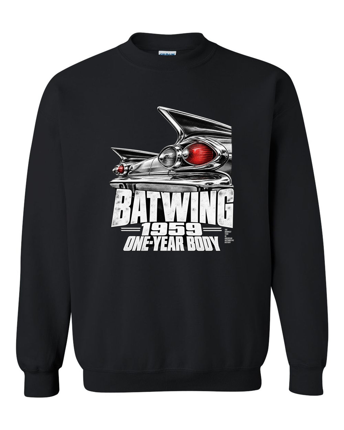 1959 Impala rear batwing taillight macro print with one-year body text black crewneck front view with the design
