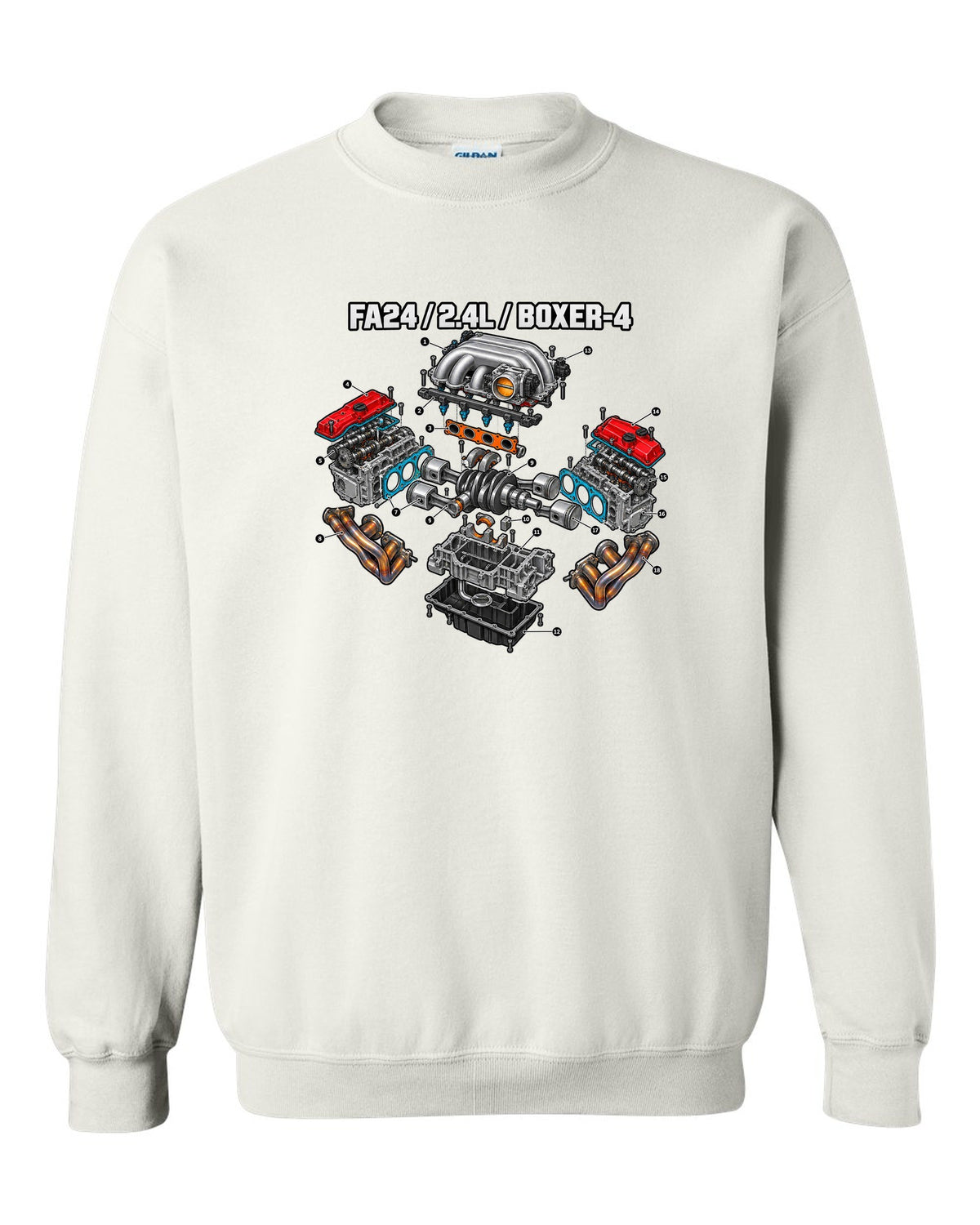 Cutaway exploded diagram of the FA24 2.4L boxer-four engine for a Toyota GR86 ZN8 white crewneck front view with the design