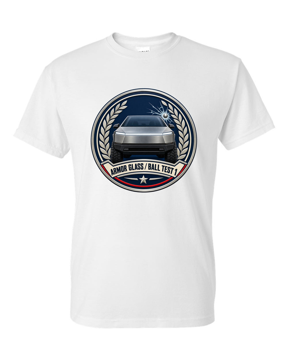 Round crest design of a 2023 Tesla Cybertruck with the words Armor Glass Ball Test 1 white t-shirt front view with the design