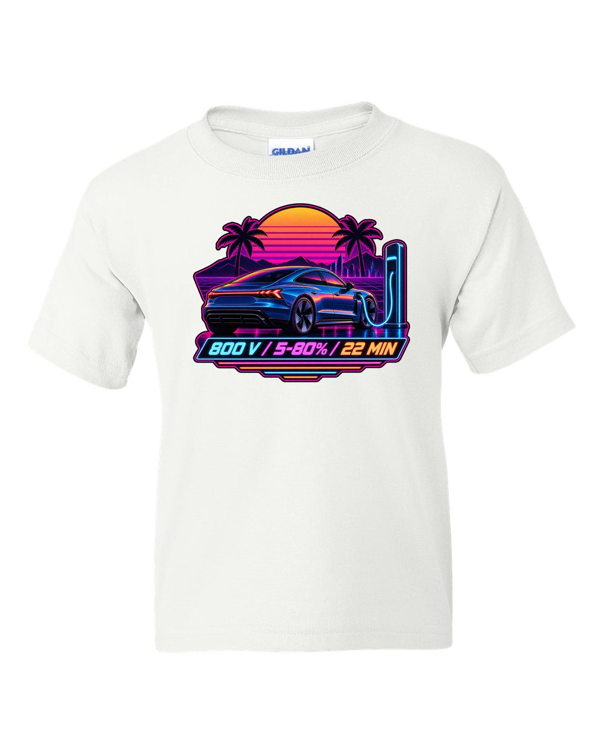 Outrun style print of an Audi e-tron GT with 800 V charging figures white kids tee front view with the design