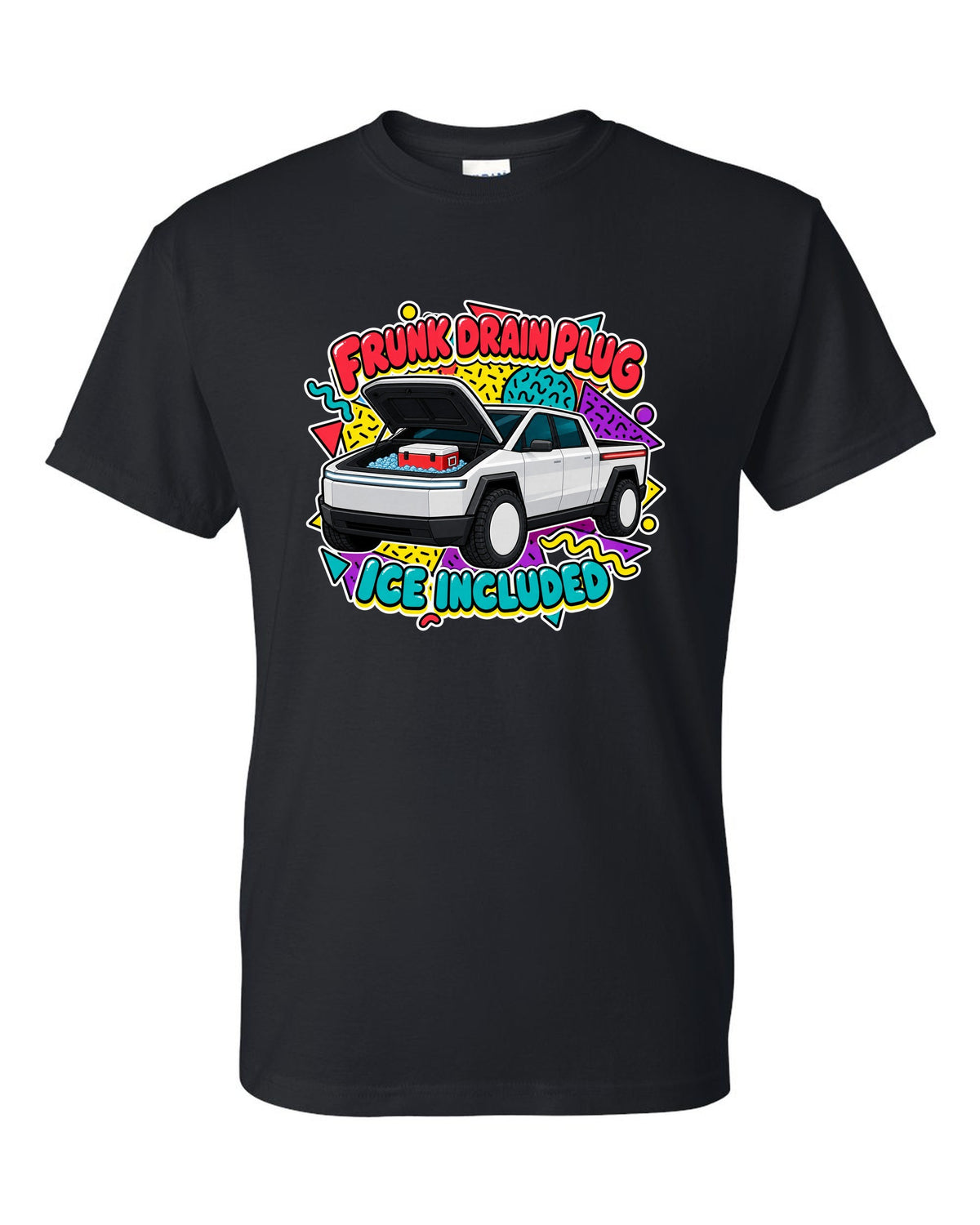 Ford F-150 Lightning retro sticker sheet print about the frunk drain plug and ice black t-shirt front view with the design