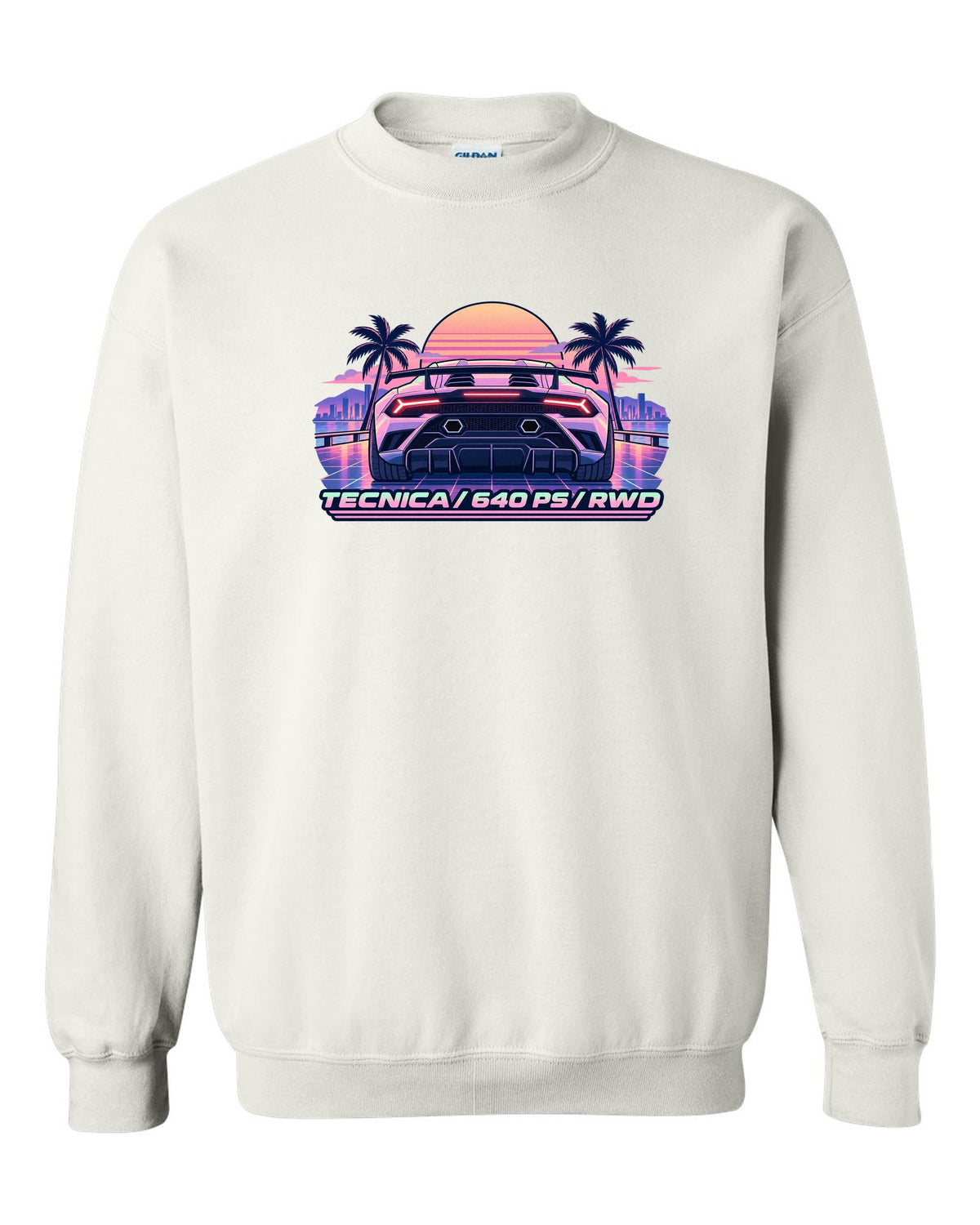 Vaporwave pastel taillight grid of a Lamborghini Huracan Tecnica LP640-2 with text TECNICA / 640 PS / RWD white crewneck front view with the design