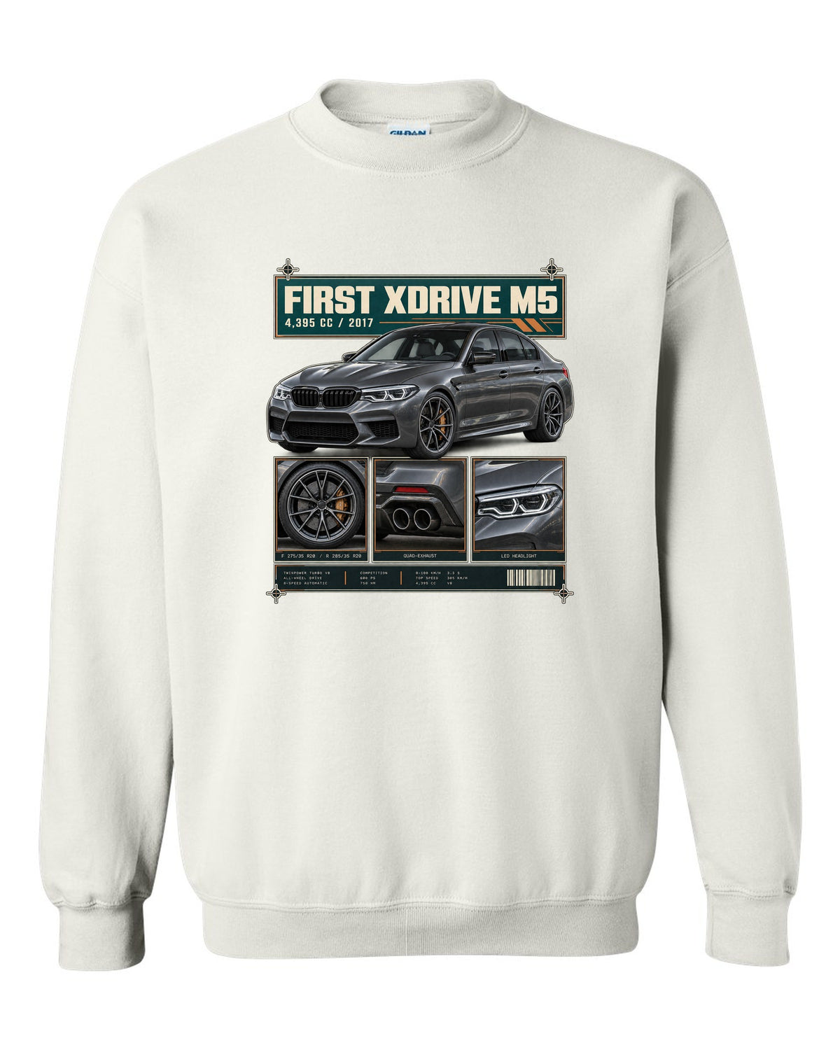 BMW M5 F90 Competition dossier panel print on a tee white crewneck front view with the design