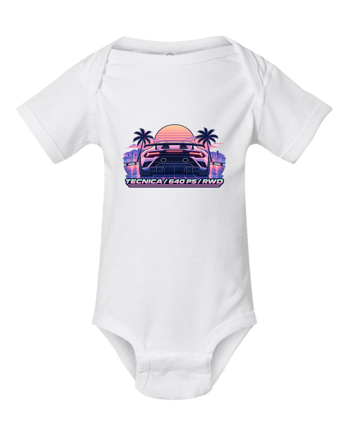 Vaporwave pastel taillight grid of a Lamborghini Huracan Tecnica LP640-2 with text TECNICA / 640 PS / RWD white baby onesie front view with the design
