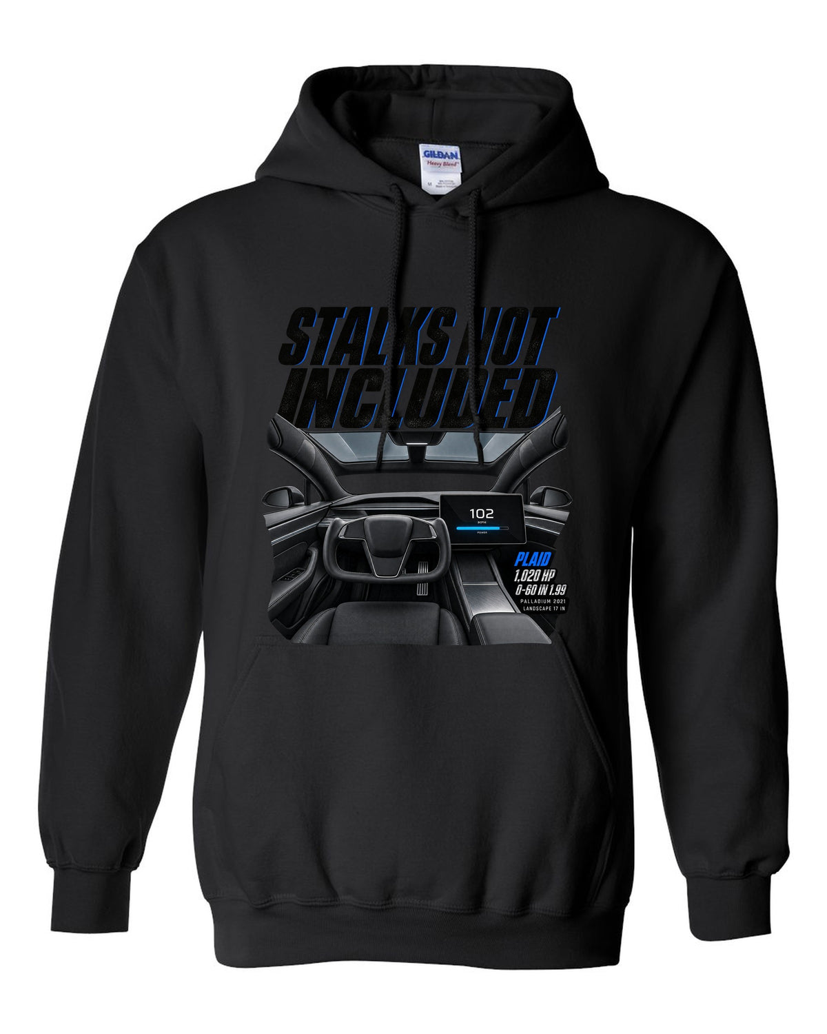 Cockpit print of a 2021 Tesla Model S Plaid Palladium with yoke and landscape screen black pull over hoodie front view with the design