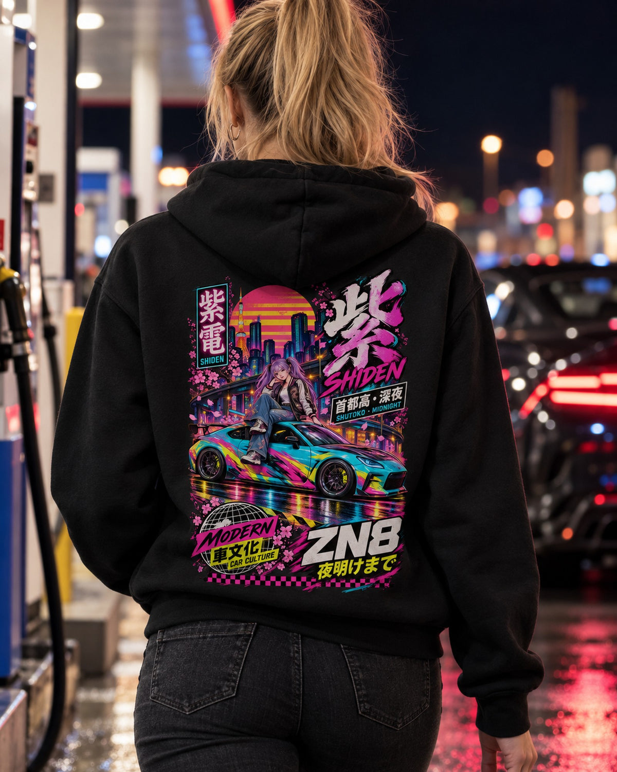 SHIDEN ZN8 Anime Girl Full-Back Graphic Tee Pull Over Hoodie Black worn hero