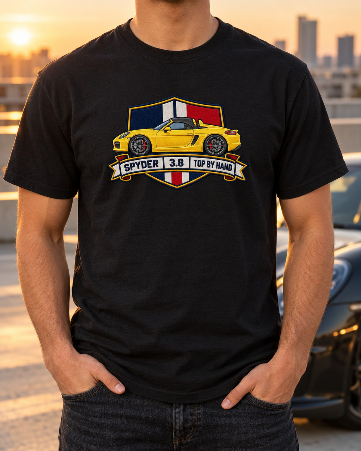 Porsche 981 Boxster Spyder Open-Top Crest Shirt, Car Guy Gift T-Shirt Black worn hero