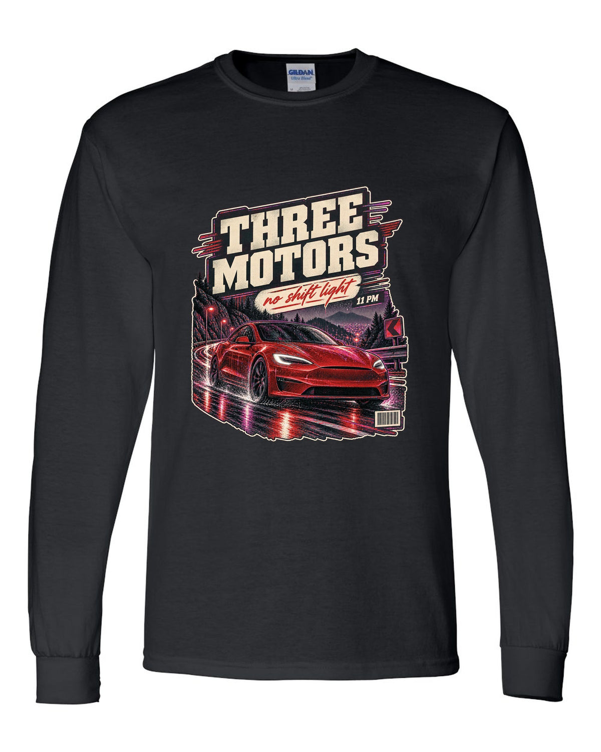 Night street print of a Tesla Model S Plaid on a wet road black long sleeve front view with the design