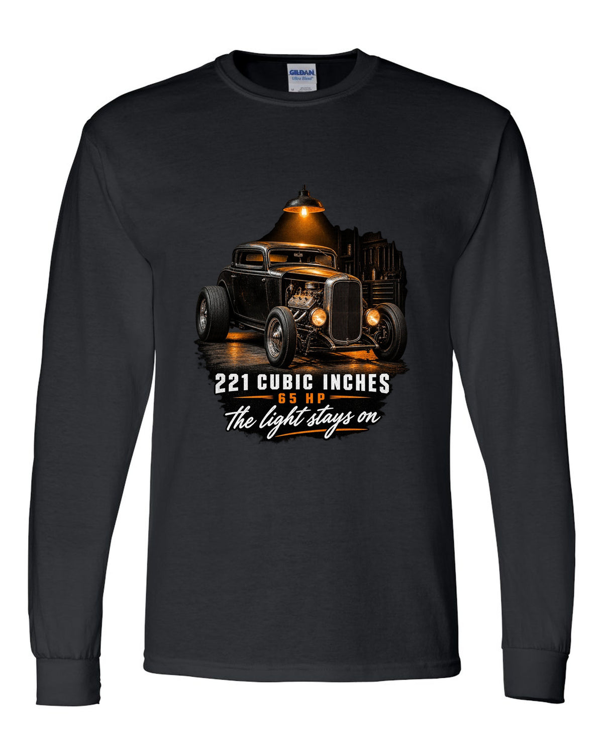 Garage night print of a 1932 Ford Deuce three-window coupe with flathead V8 specs black long sleeve front view with the design