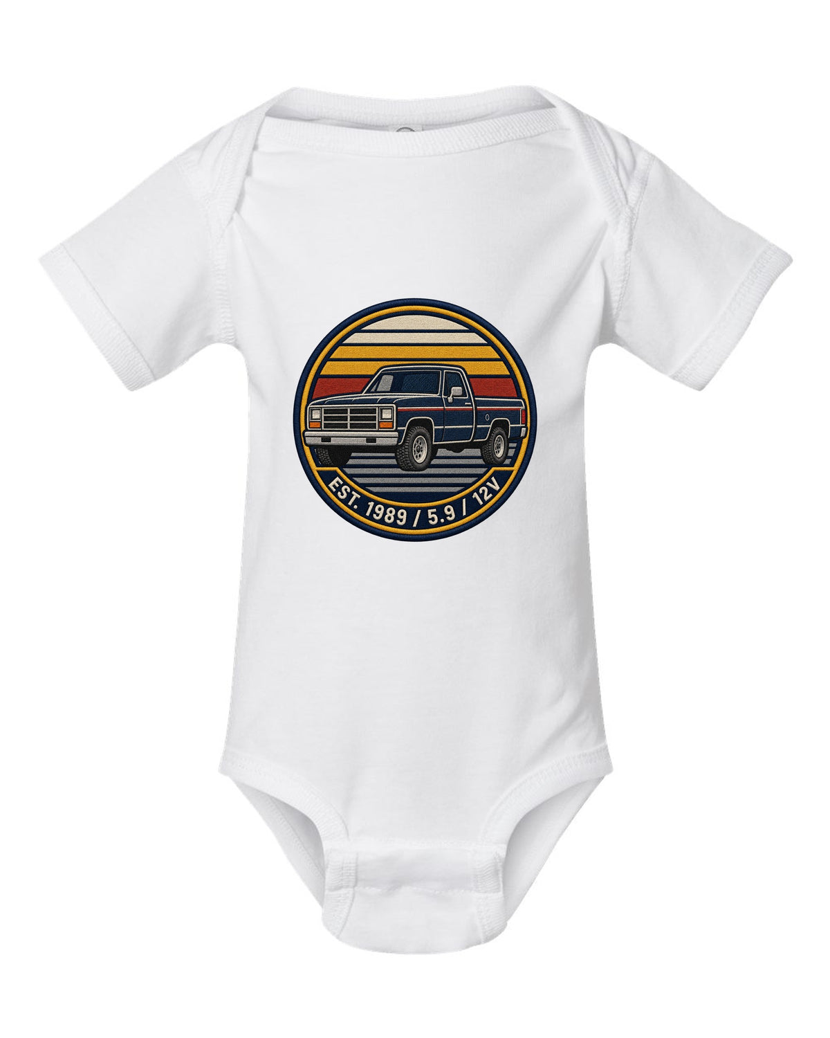 Varsity-style grille crest print of a 1989-1993 Dodge Ram 1st gen with Est. 1989 5.9 12V text white baby onesie front view with the design