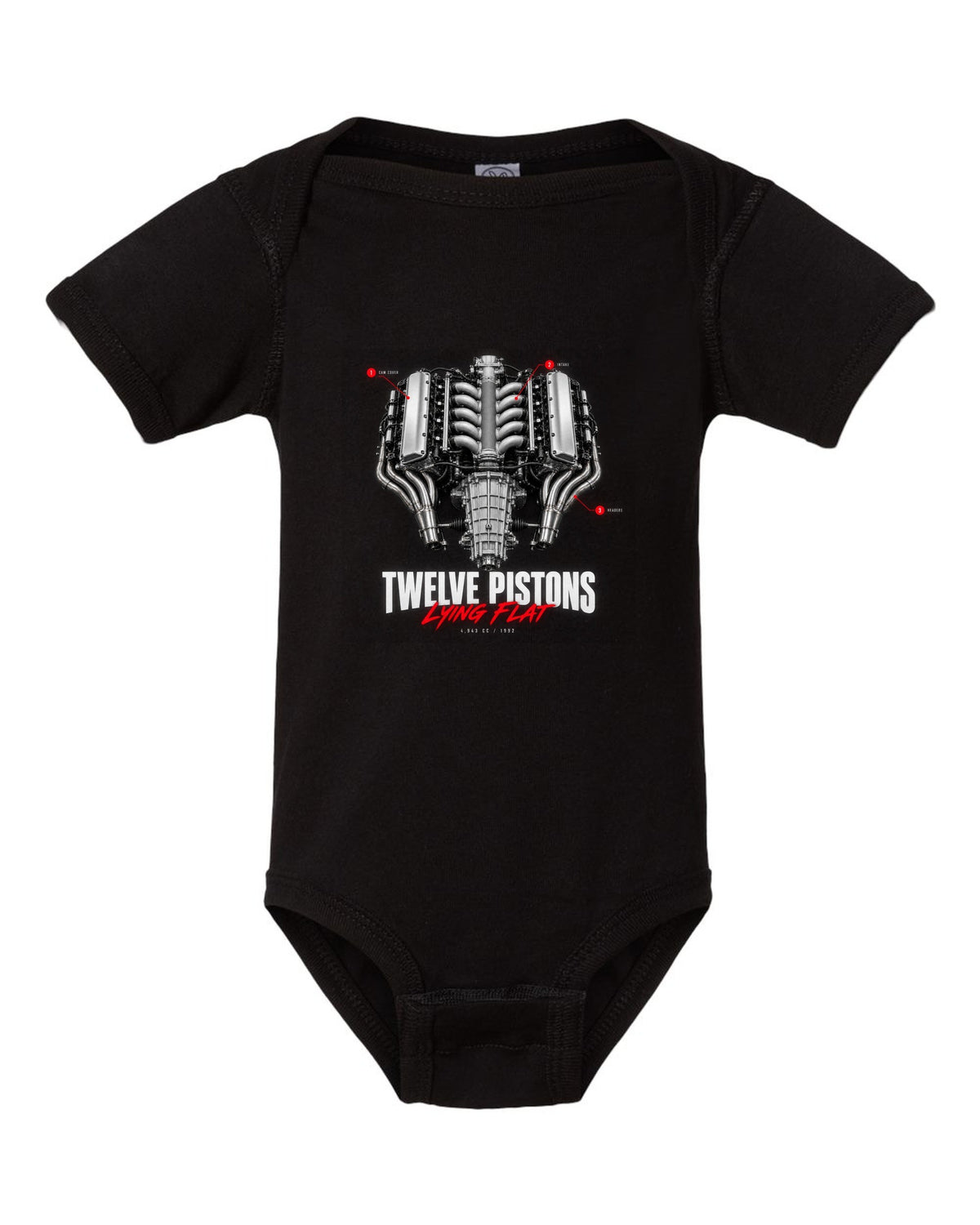 Engine callout print of the Ferrari 512 TR and F512 M flat-12 with the text Twelve Pistons Lying Flat black baby onesie front view with the design