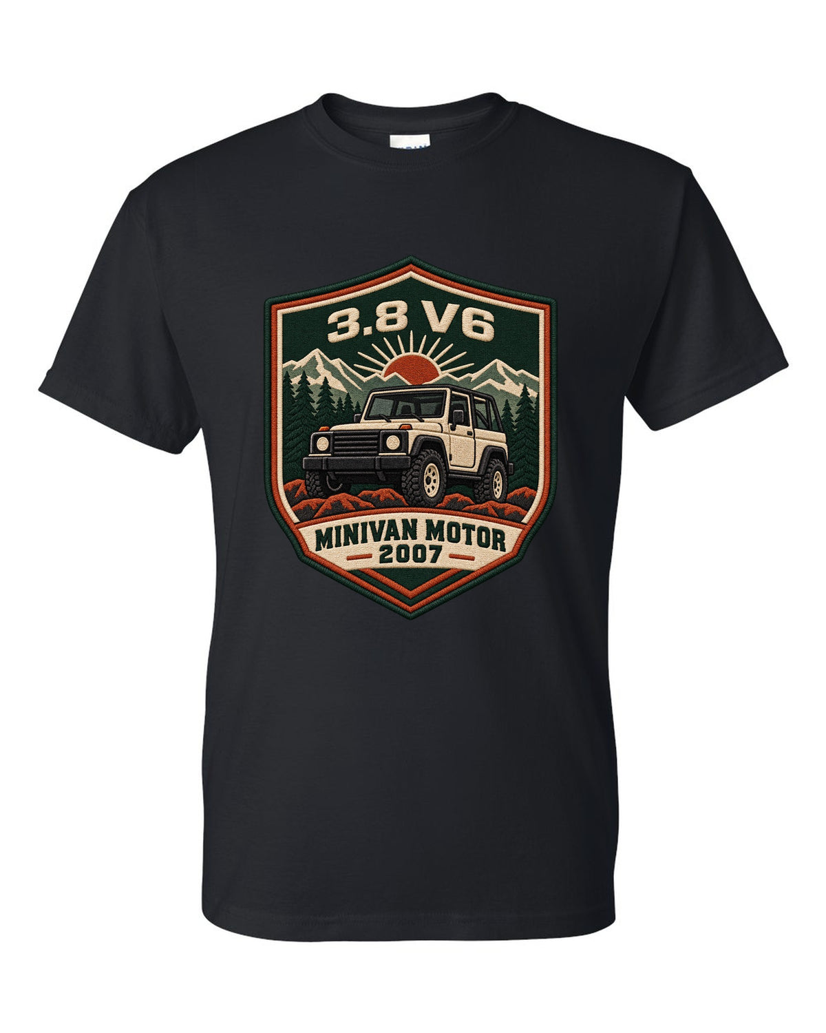 Jeep Wrangler JK varsity crest design with 3.8 V6 minivan motor 2007 text black t-shirt front view with the design
