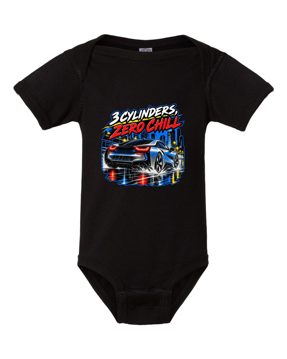 BMW i8 I12 retro manga halftone panel print with 3 cylinders zero chill text black baby onesie front view with the design