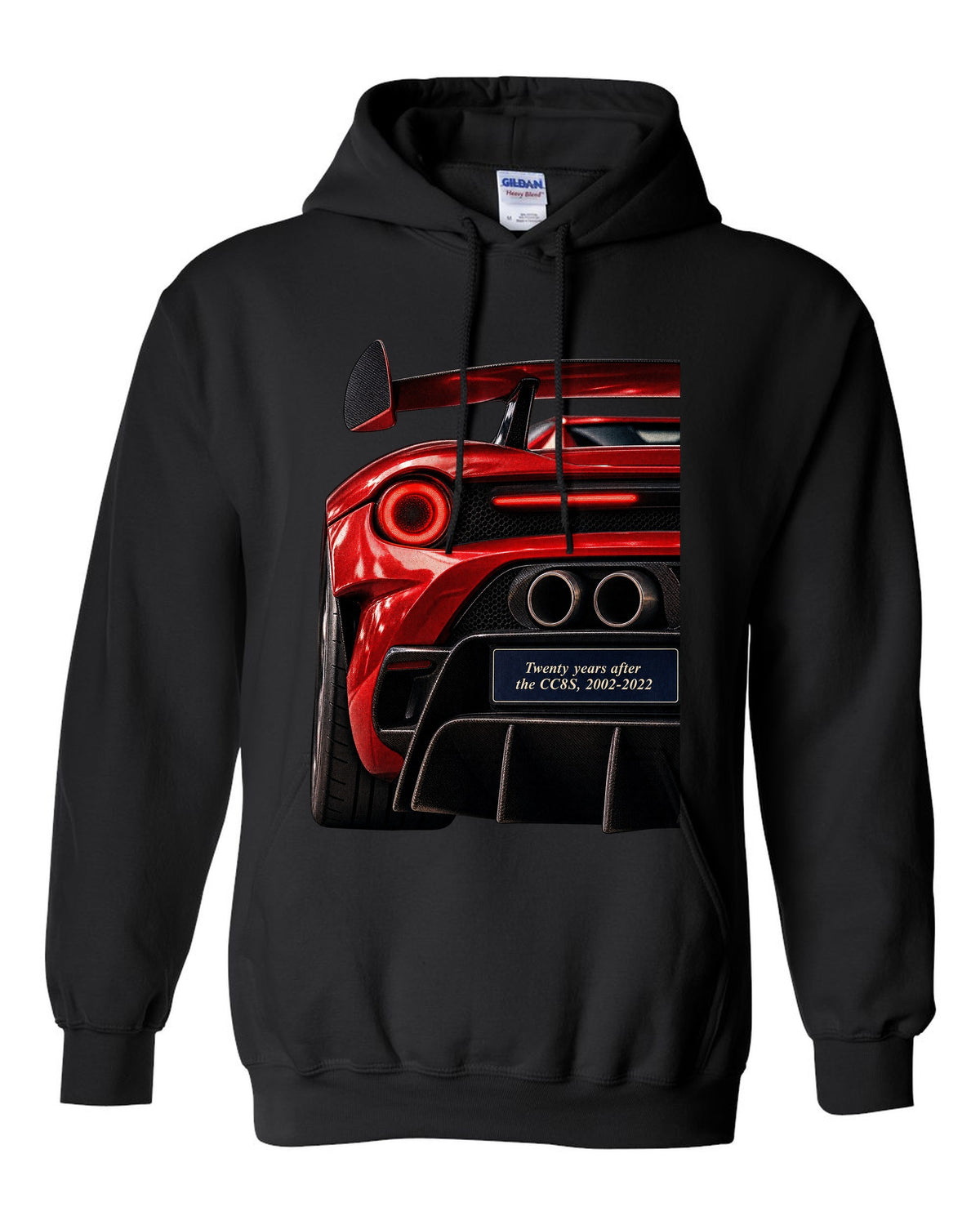 Taillight macro print of the Koenigsegg CC850 with the text twenty years after the CC8S, 2002-2022 black pull over hoodie front view with the design