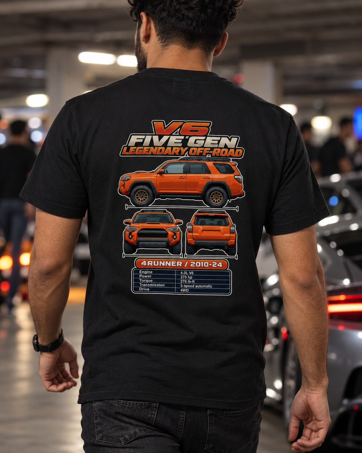 Toyota 4Runner TRD Spec Sheet Full-Back Graphic Tee T-Shirt Black worn hero