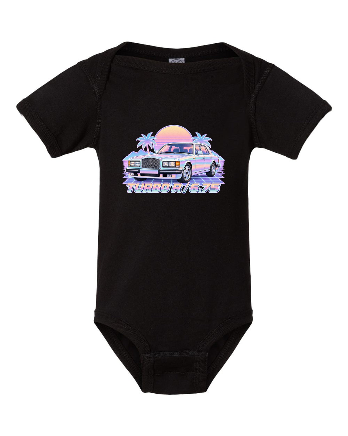 Pastel vaporwave illustration of a Bentley Turbo R front grille with TURBO R 6.75 lettering black baby onesie front view with the design