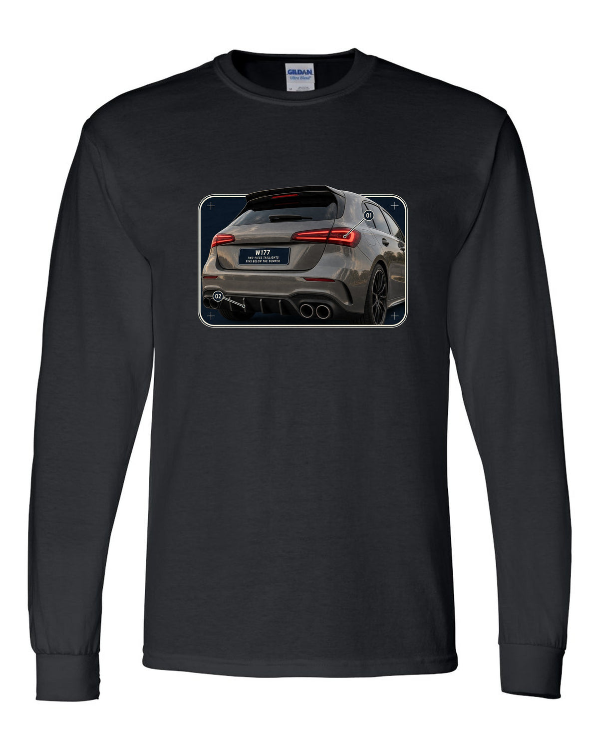 Mercedes-AMG A45 S W177 rear taillight macro detail print black long sleeve front view with the design