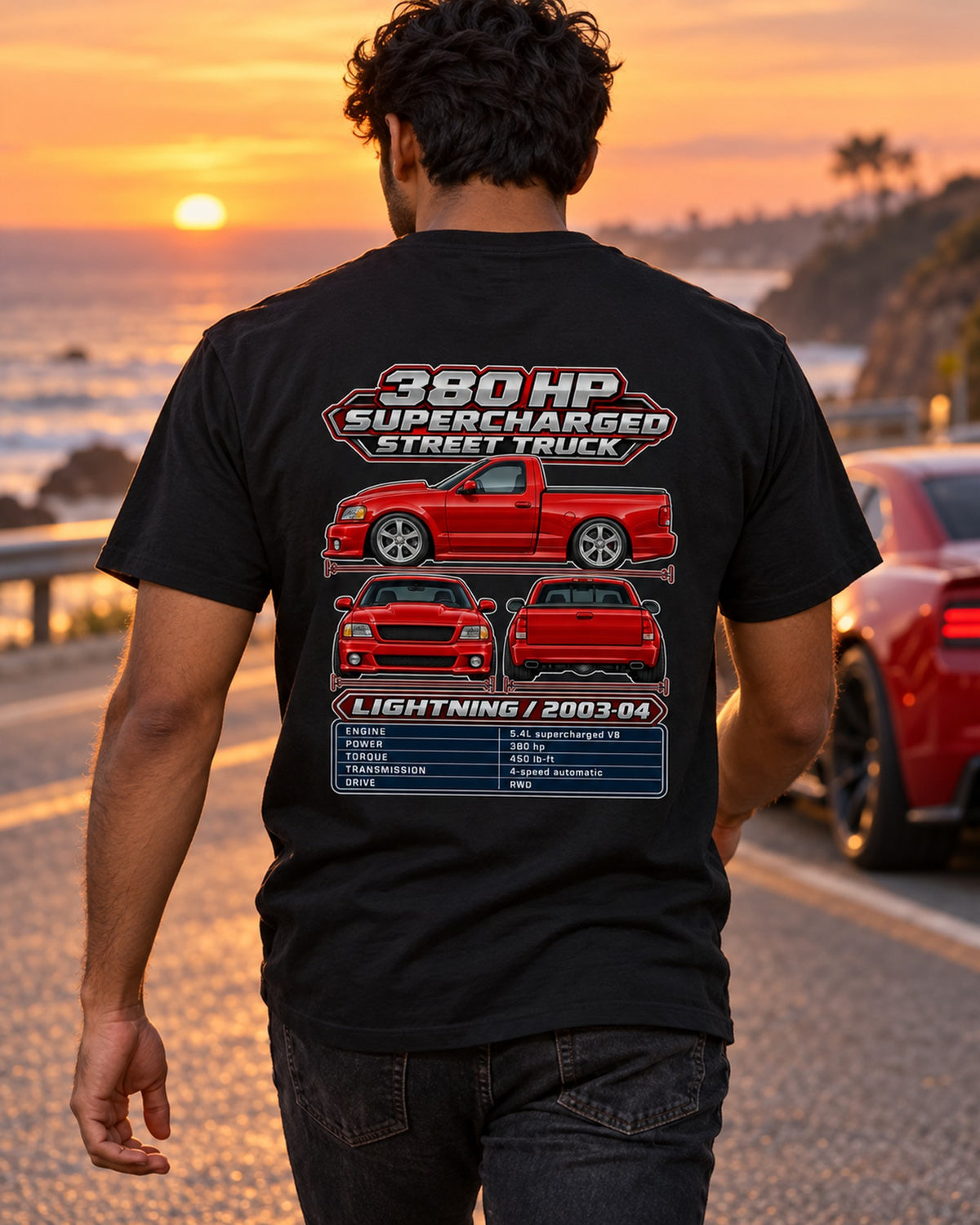 Ford SVT Lightning Spec Sheet Full-Back Graphic Tee T-Shirt Black worn hero