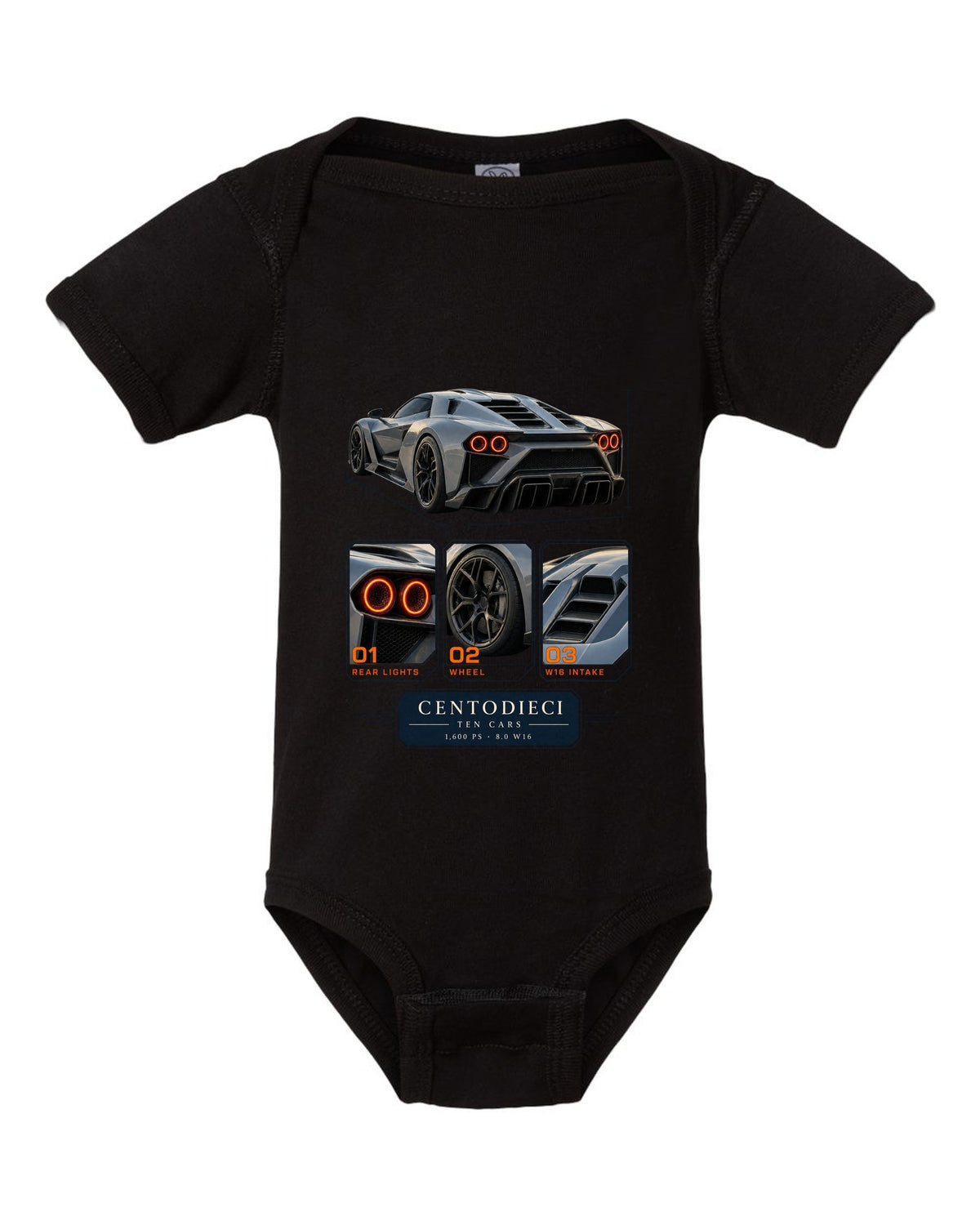 Dossier panel layout of the Bugatti Centodieci with ten-car text, print black baby onesie front view with the design