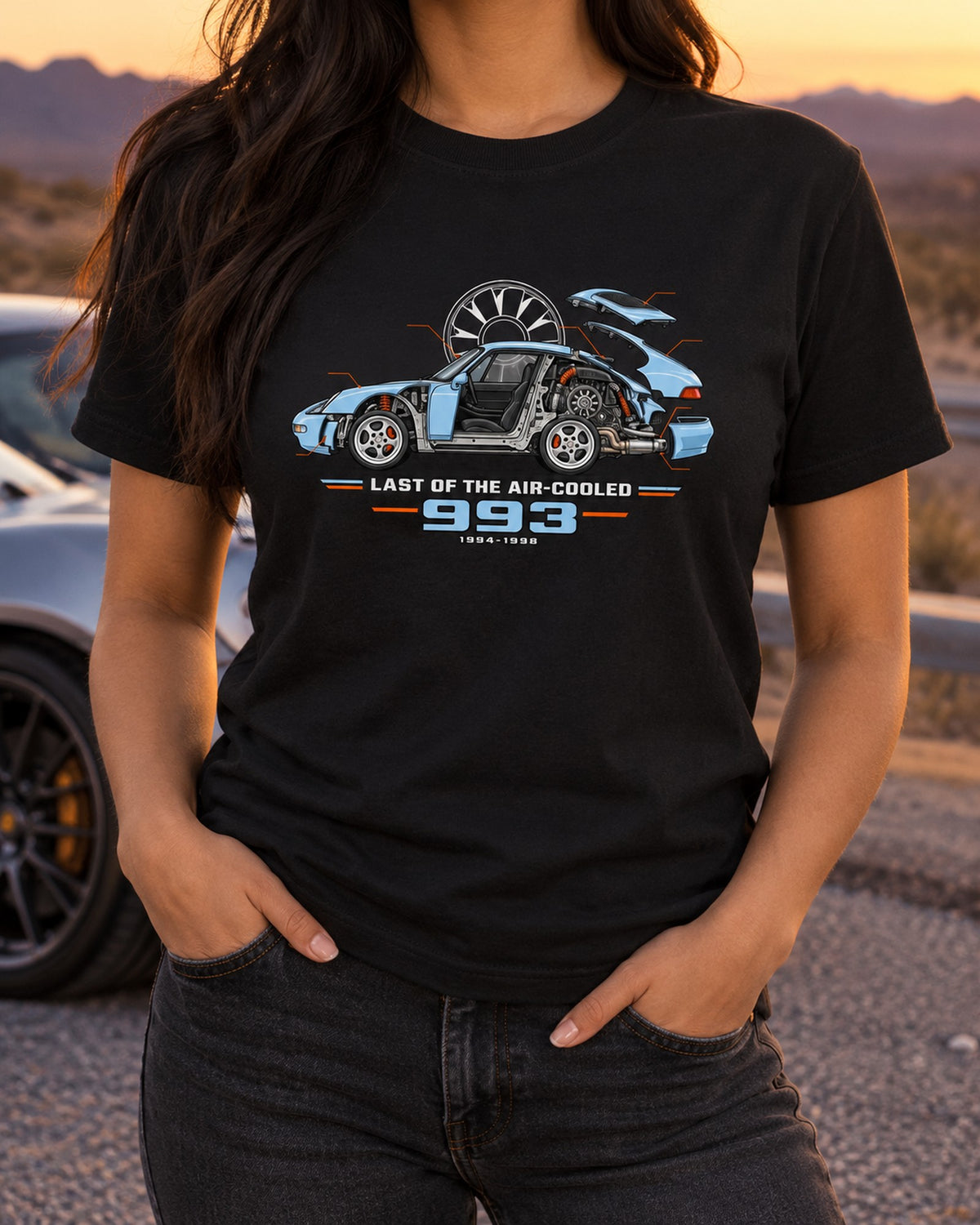Porsche 993 Last Air-Cooled 911 Cutaway Diagram Shirt T-Shirt Black worn hero