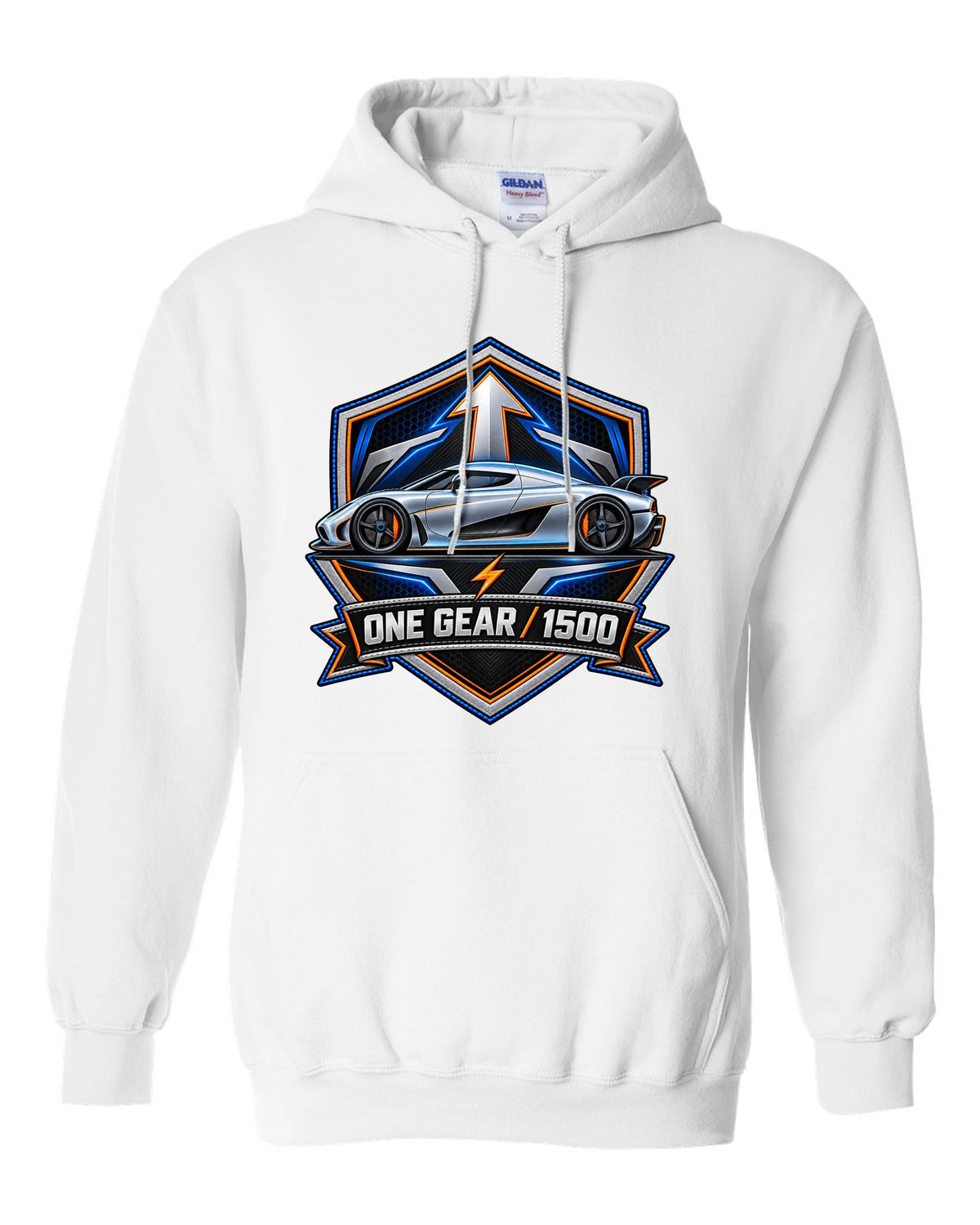 Embroidery-style varsity crest for the Koenigsegg Regera with ONE GEAR 1500 lettering white pull over hoodie front view with the design