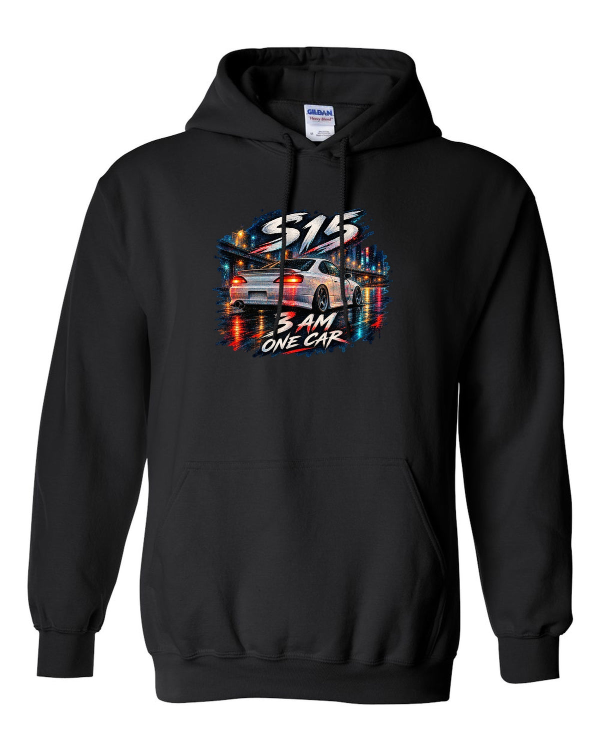 Watercolour wet-road night scene of a Nissan Silvia S15 at 3 AM black pull over hoodie front view with the design