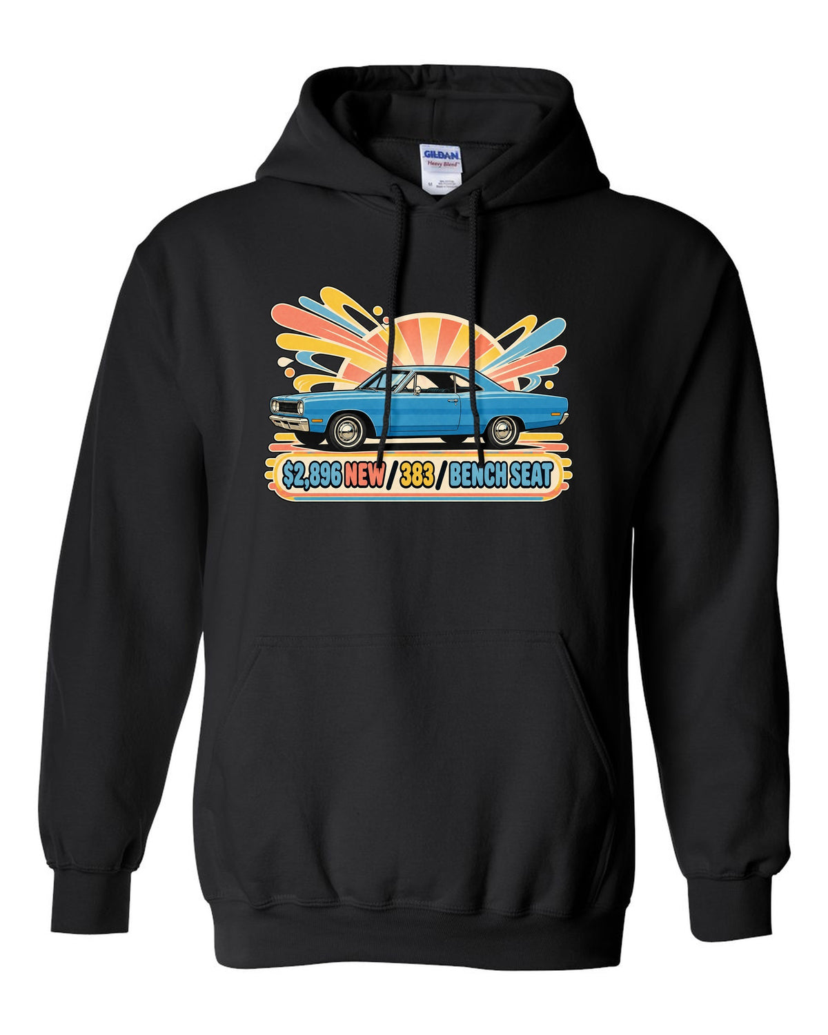 Retro Japanese showa catalogue ad of a 1968 Plymouth Road Runner with price 383 and bench seat text black pull over hoodie front view with the design