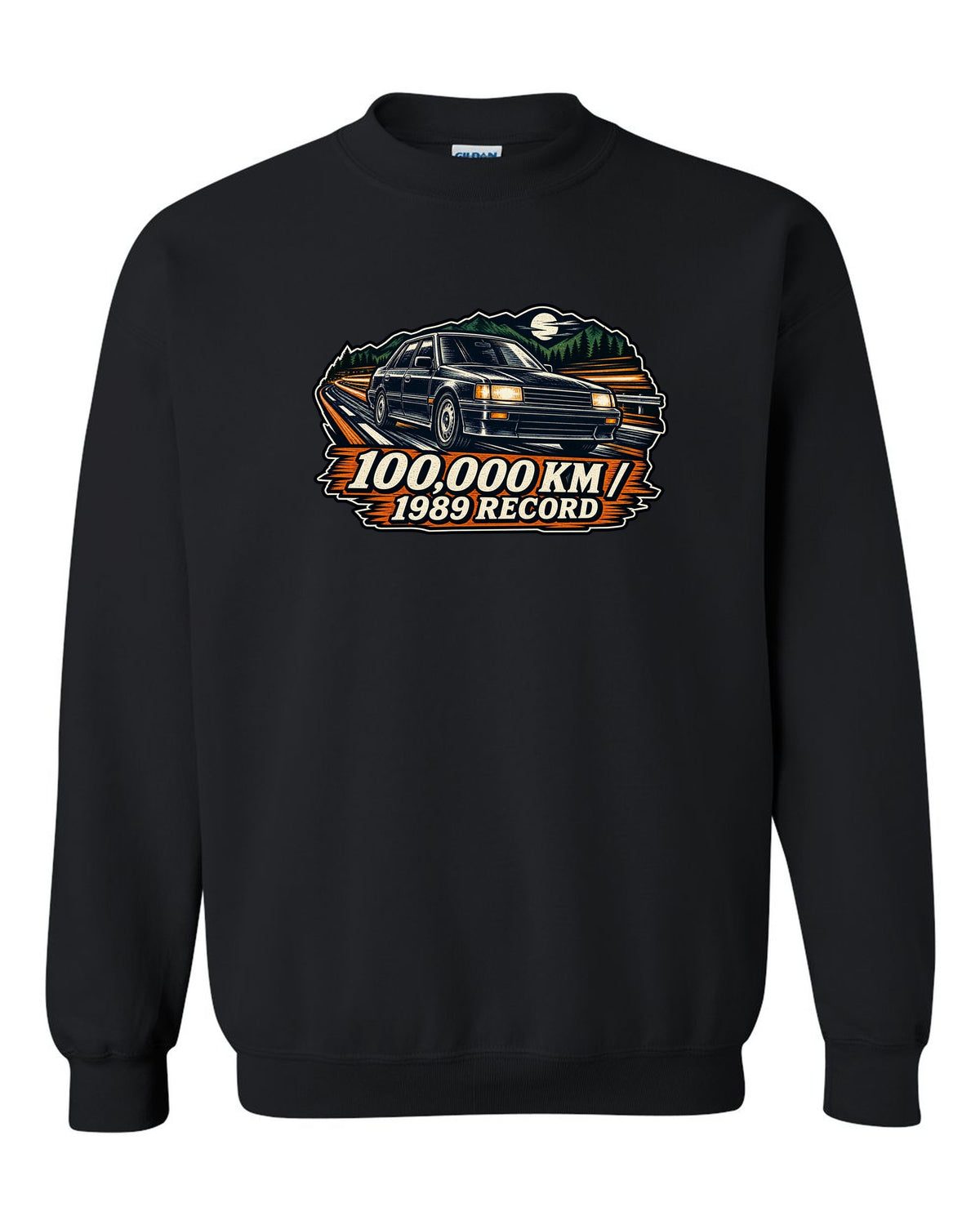Linocut woodcut style illustration of a Subaru Legacy BC5 RS with 100,000 km 1989 record text black crewneck front view with the design