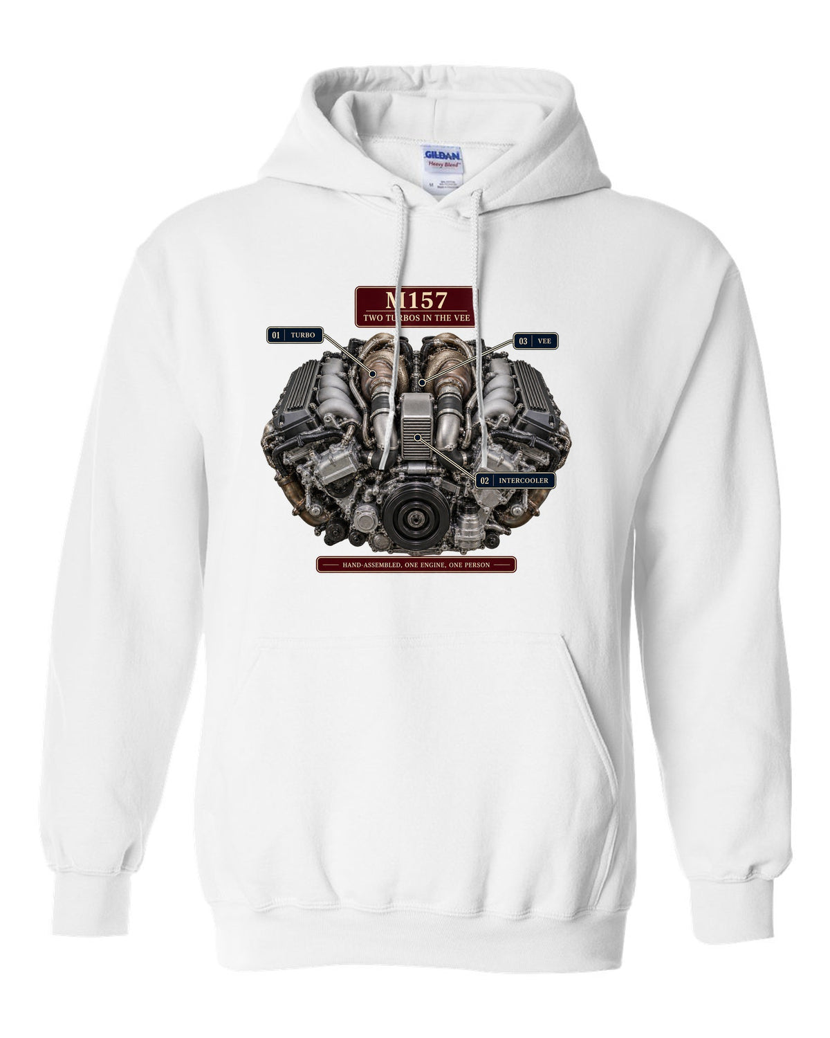 Engine hero print of the Mercedes-AMG M157 5.5 biturbo V8 from the W212 E63 S white pull over hoodie front view with the design
