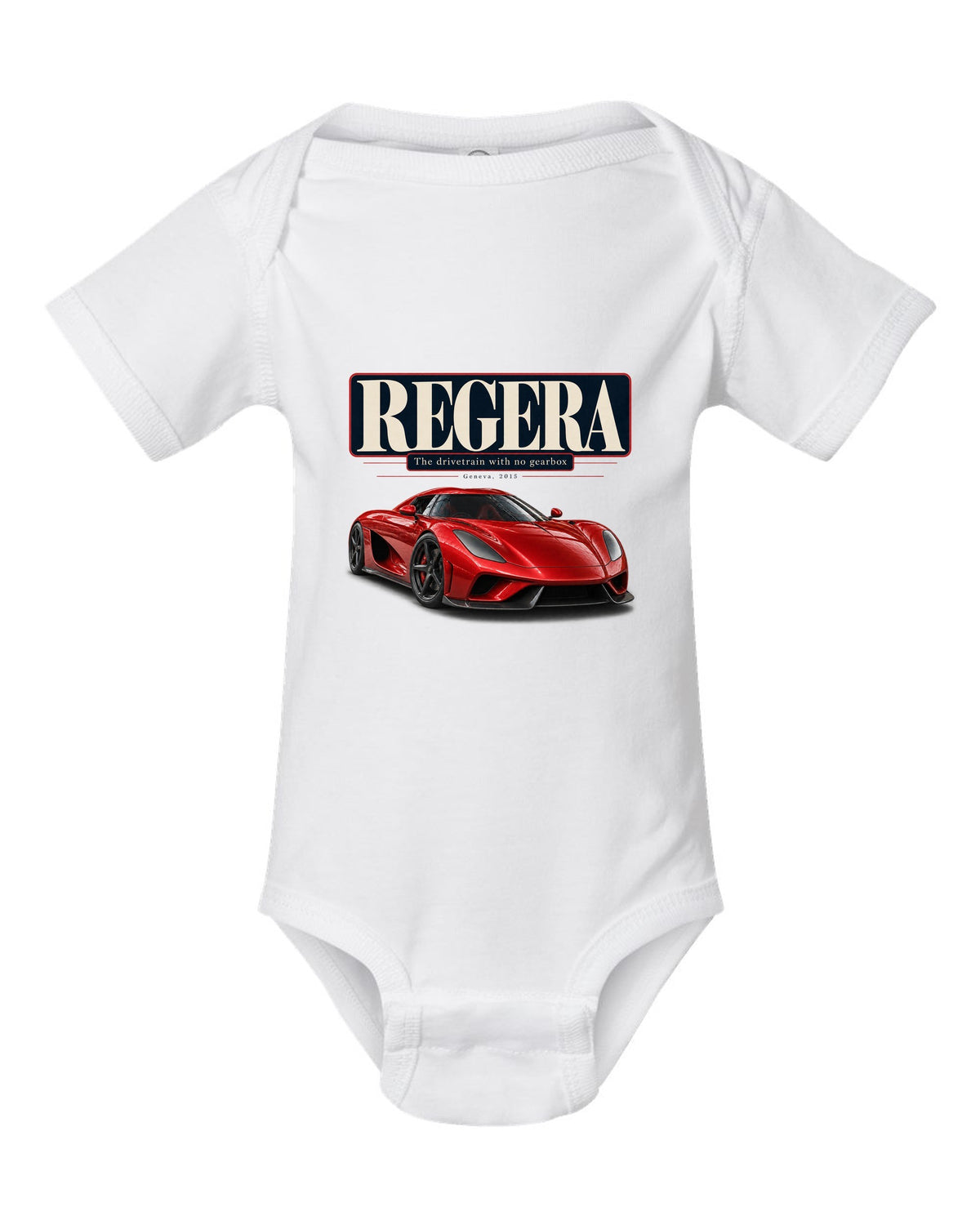 Editorial headline poster of the Koenigsegg Regera about its drivetrain, print white baby onesie front view with the design